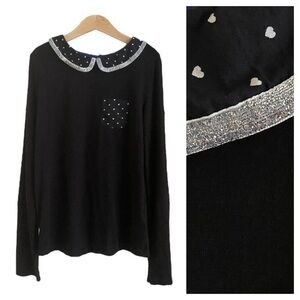 Mini Boden Johnnie B Black White Silver Heart Peter Pan Collar Top